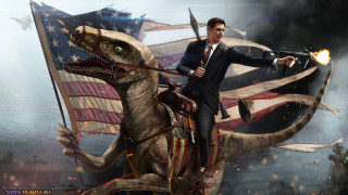 Man suit riding dinosaur gun - a dinosaur free wallpaper
