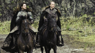 Two men armor horses field - a black cape free wallpaper