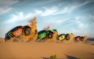 Four trucks desert track sand - sand free wallpaper