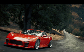 Red sports car road forest 7 - both side free wallpaper