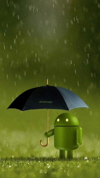 Green android character holding umbrella 5 - rain drop free wallpaper
