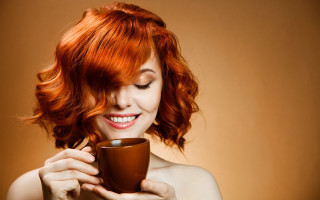 Woman red hair coffee smile - preraphaelitism free wallpaper