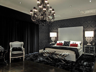 Black white bedroom chandelier bed - high contrast free wallpaper