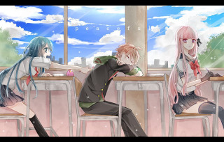 Anime characters sitting table restaurant - peaceful free wallpaper