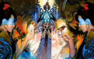 Woman holding bird shoulder painting - a painting of a woman holding free wallpaper