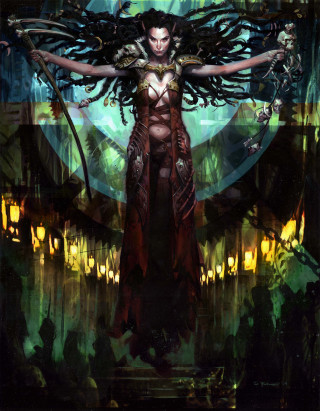 Woman long hair sword hands - a painting of a woman free wallpaper for mobile