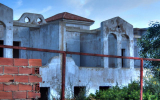 Building red fence fire hydrant - arthouse free wallpaper