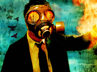 Man gas mask tie fire - his hand and a bird free wallpaper
