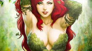 Woman red hair green leaves - a painting of a woman free wallpaper