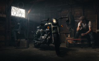 Man motorcycle garage window open - a stool free wallpaper