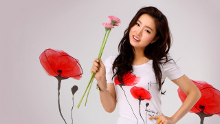 Woman holding flower bunch flowers - a pointillism painting free wallpaper