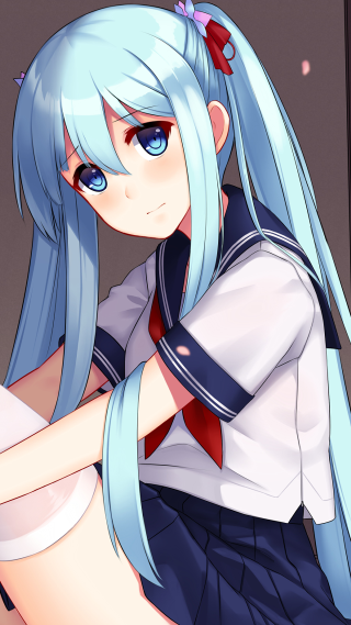Anime girl blue hair red - a detailed drawing free wallpaper for mobile
