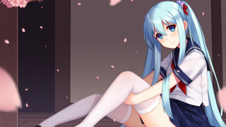 Blue hair anime girl sitting - a short skirt free wallpaper