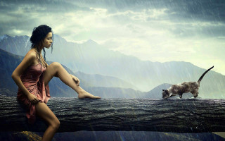 Woman tree branch cat walking - surreal free wallpaper