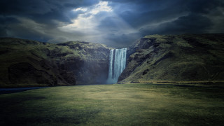Waterfall large body cloudy sky - unreal engine free wallpaper for desktop