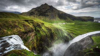 Waterfall valley mountain cloudy sky 2 - waterfall free wallpaper for desktop