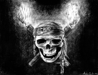 Skull burning torches pirate hat - a charcoal drawing free wallpaper