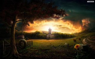 Church field tree fence sunset - a sunset in the background free wallpaper for desktop