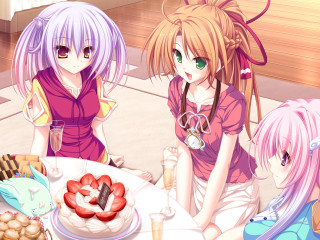Anime girls sitting table cake - one girl free wallpaper