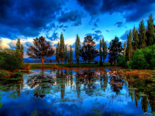Lake trees clouds blue sky 2 - a lake free wallpaper