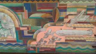 City plane building clock painting - public free wallpaper