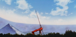 Man holding pole mountain background - anime visual free wallpaper