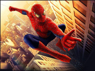 Spider man flying city tall - the air over a city free wallpaper
