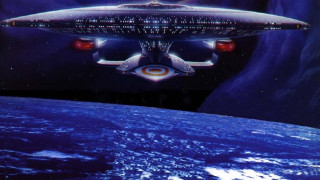 Large spaceship floating blue planet - barclay shaw free wallpaper for desktop