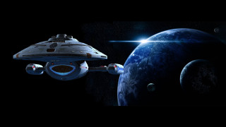 Spaceship flying planet sky star 3 - over a planet in the sky free wallpaper