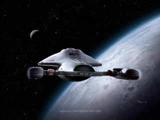 Spaceship flying blue planet crescent - a space ship free wallpaper