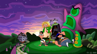Cartoon man dogs hill house - a cartoon scene free wallpaper