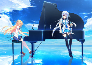 Anime girls piano blue sky - a microphone free wallpaper