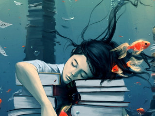 Woman laying books fish head - fish free wallpaper