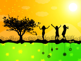 Group walking field tree sunset - under free wallpaper