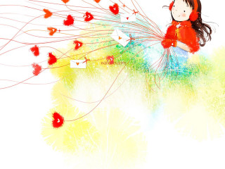 Girl headphones flying hearts message - mail art free wallpaper