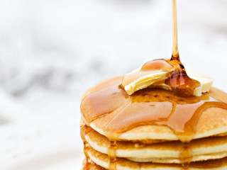 Pancakes syrup banana plate fork 2 - a stack of pancakes free wallpaper