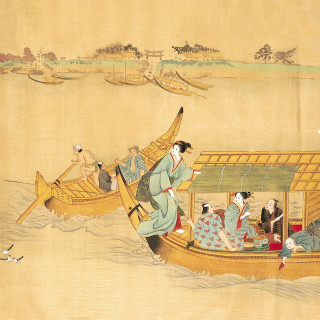 Boat people man dog ukiyo - free ship wallpaper for tablet
