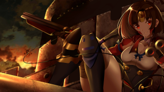 Woman cosplay outfit gun sword - a fire in the background free wallpaper