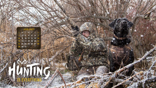 Man dog snow hunting calendar - free spring wallpaper for desktop
