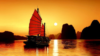 Boat red sails sunset mountains - the background and a sun free wallpaper