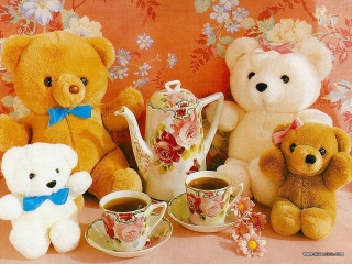 Teddy bears coffee tea group - free christmas wallpaper for desktop