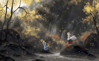 Women fishing stream forest trees - plein air free wallpaper