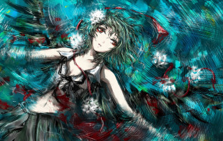 Green haired woman red eyes - a red bow free wallpaper for desktop