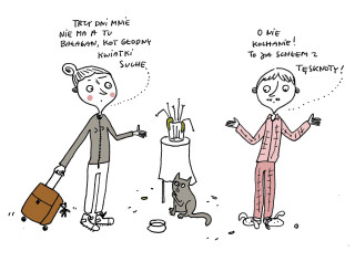 Cartoon man woman cat suitcase - llustration free wallpaper