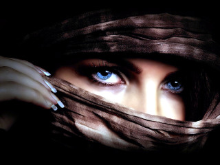 Woman blue eyes hiding scarf - a scarf free wallpaper