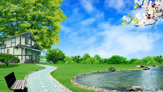 Bench grass lake house nature - field next free wallpaper