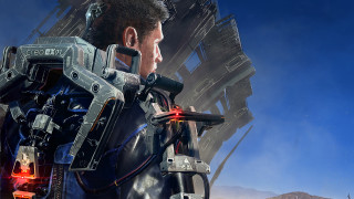 Futuristic man suit gun mountain - cedric peyravernay free wallpaper