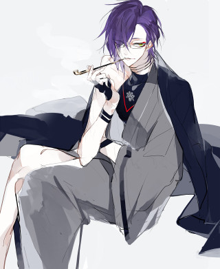 Man purple hair chair smoking - his mouth free wallpaper for mobile