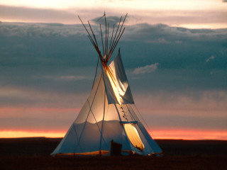 Teepee sunset field clouds sky - ecological free wallpaper for desktop