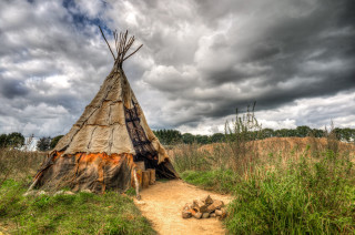 Teepee field firepit cloudy sky - betye saar free wallpaper